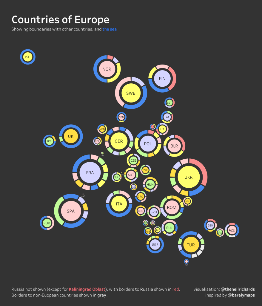 Countries of Europe - stylised map showing circular countries of Europe, sized by area, showing bordering countries